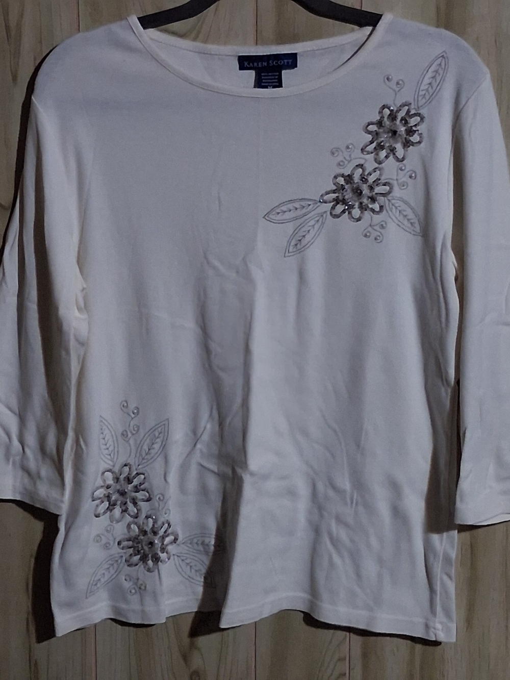 Karen Scott Cream Floral Sequin Long-Sleeve Tee